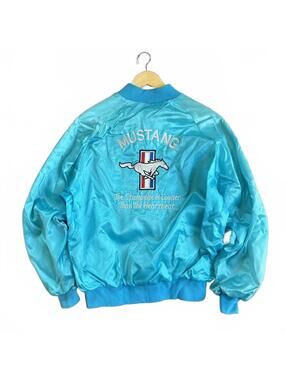Vintage Ford Mustang Racing Satin Jacket Teal 80s